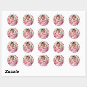Roze Bloemen Baby Meisje en Witte Kitten Ronde Sticker (Vel)