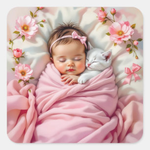 Roze Bloemen Baby Meisje en Witte Kitten Vierkante Sticker