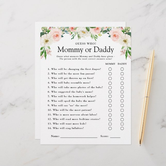 Roze Bloemen Baby shower Game Raad Wie (Voorkant / Achterkant in situ)