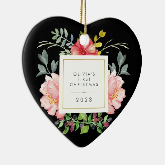  roze bloemen baby's Eerste Kerstmis op zwart Keramisch Ornament (Rechts)