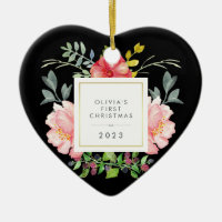 roze bloemen baby's Eerste Kerstmis op zwart