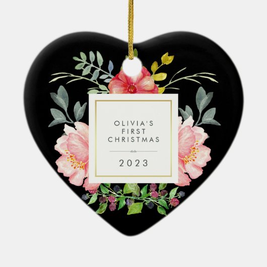  roze bloemen baby's Eerste Kerstmis op zwart Keramisch Ornament (Achterkant)