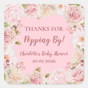 Roze Bloemen Bedankt voor Popping By Baby shower L Vierkante Sticker