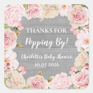 Roze Bloemen Bedankt voor Popping By Baby shower L Vierkante Sticker