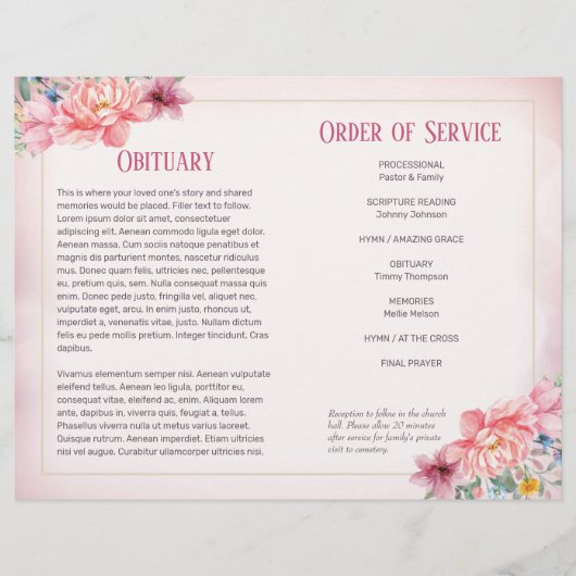 Roze Bloemen Begrafenis Pamflet Orde van Service Flyer (Voorkant)