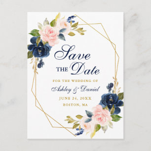 Roze Bloemen Blauw Goud Lijst Save the Date Briefk Aankondigingskaart