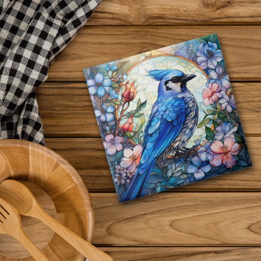 Roze Bloemen Blauw Jay Vogel Glas in lood Tegeltje
