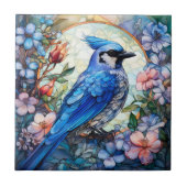 Roze Bloemen Blauw Jay Vogel Glas in lood Tegeltje (Voorkant)