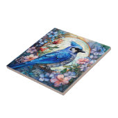 Roze Bloemen Blauw Jay Vogel Glas in lood Tegeltje (Zijkant)
