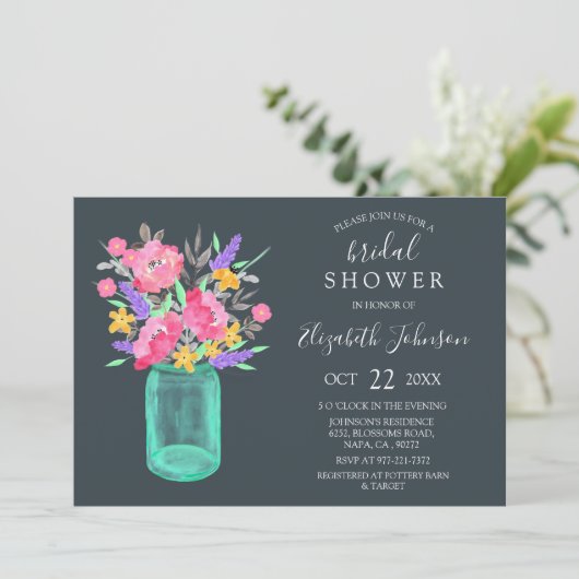 Roze Bloemen Blauwgroen Mason Jar Rustiek Vrijgeze Kaart (Staand voorkant)