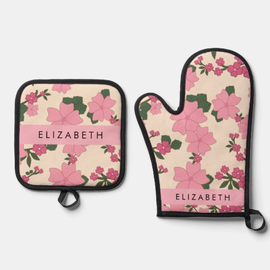 Roze bloemen, bloemenmotief, Jouw naam Ovenwant & Pannenlap Set (Voorkant)