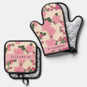 Roze bloemen, bloemenmotief, Jouw naam Ovenwant & Pannenlap Set (Voorkant / Achterkant)