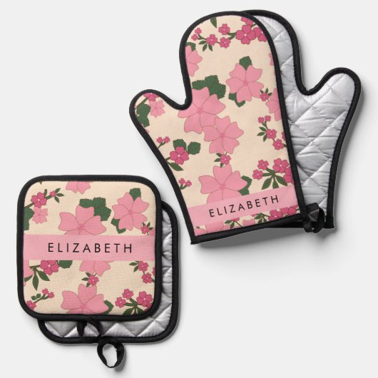 Roze bloemen, bloemenmotief, Jouw naam Ovenwant & Pannenlap Set (Voorkant / Achterkant)