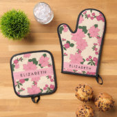 Roze bloemen, bloemenmotief, Jouw naam Ovenwant & Pannenlap Set (Top down)