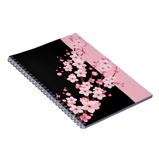 Roze Bloemen Bloesems Zwart & Roze Handdoek Notitieboek (Rechterzijde)