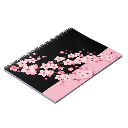 Roze Bloemen Bloesems Zwart & Roze Handdoek Notitieboek (Linkerzijde)
