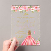 Roze Bloemen Blond Haar Prinses Verjaardagsfeest Acryl Uitnodigingen (Insitu (Draagbaar))