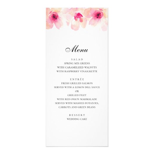Roze bloemen. Blush floral bruiloft diner menu (Voorkant)