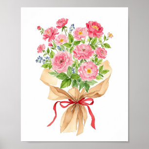 Roze Bloemen Boeket Waterverf Art Print