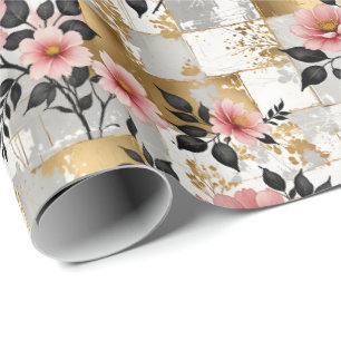 Roze Bloemen Boeketten met Gouden en Witte Pleinen Cadeaupapier