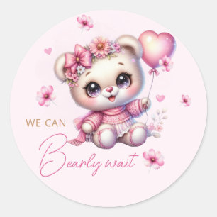 Roze Bloemen Boho Teddy Bear Meisje Baby shower Ronde Sticker