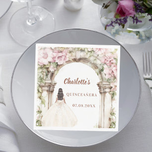 Roze bloemen boog ivoor jurk Quinceanera lunch Servet