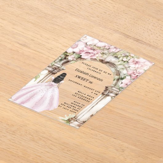 Roze bloemen boog jurk duidelijk Sweet 16 Acryl Uitnodigingen (Laagn)