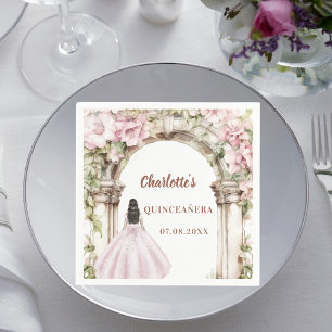 Roze bloemen boog jurk Quinceanera lunch Servet
