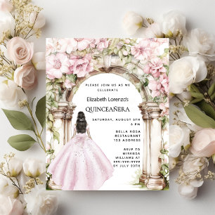 Roze bloemen boog jurk Quinceanera uitnodiging