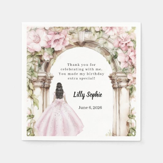 Roze bloemen boog jurk verjaardag servet (Voorkant)