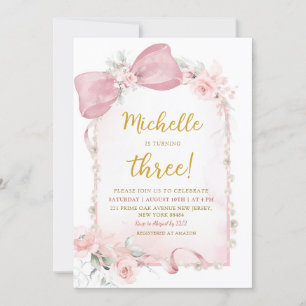 Roze Bloemen Boog Meisje 3e verjaardag Uitnodiging