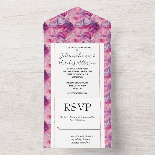 roze bloemen bruiloft all in one uitnodiging (Binnen)