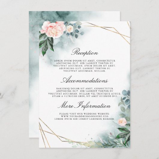 Roze Bloemen Bruiloft Details Gast Informatiekaartje (Voorkant / Achterkant)