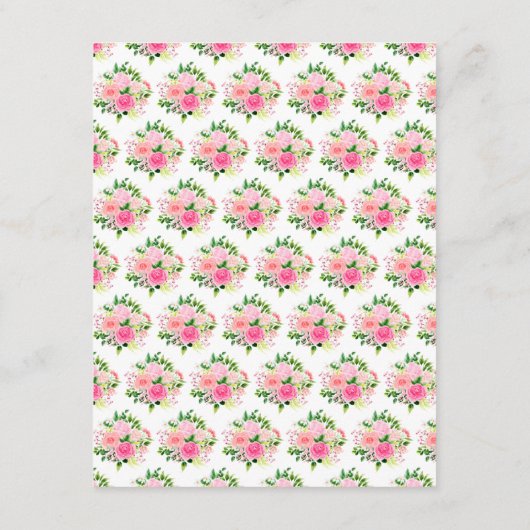 Roze bloemen bruiloft details met blad informatiekaartje (Achterkant)