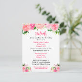 Roze bloemen bruiloft details met blad informatiekaartje (Staand voorkant)