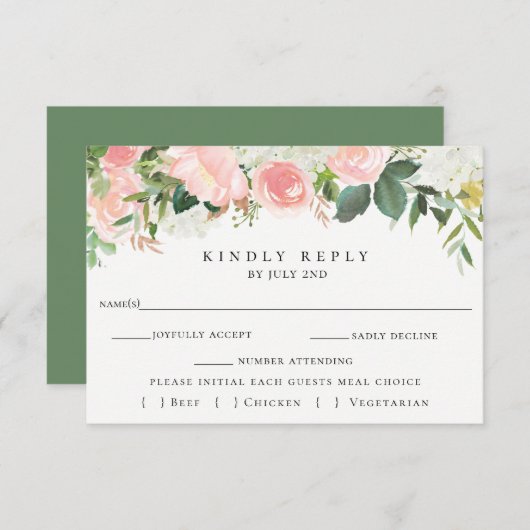 Roze Bloemen Bruiloft RSVP Met Maaltijd Keuze Kaar (Voorkant / Achterkant)