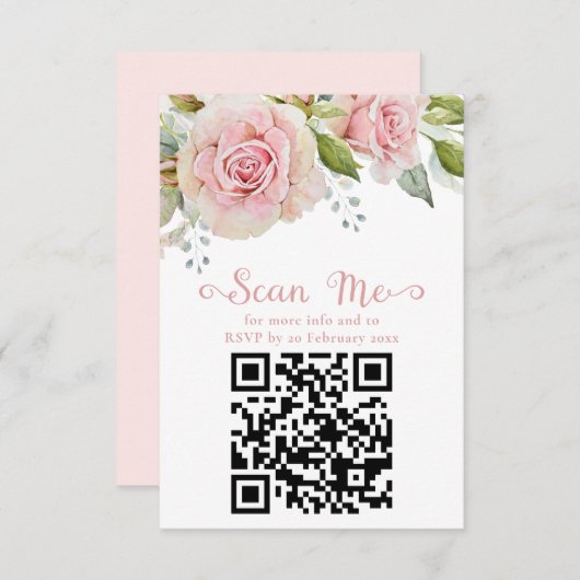 Roze Bloemen Bruiloft RSVP QR Informatiekaartje (Voorkant / Achterkant)