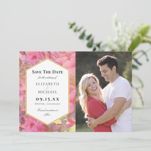 Roze bloemen bruiloft sparen de Datum Fotokaart Save The Date (Staand voorkant)