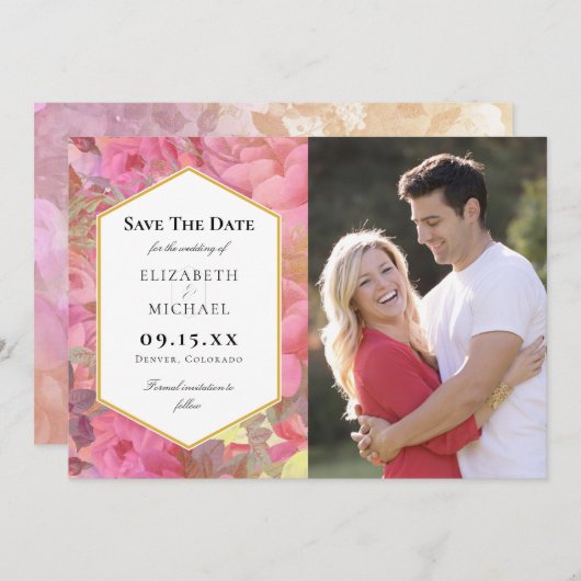 Roze bloemen bruiloft sparen de Datum Fotokaart Save The Date (Voorkant / Achterkant)