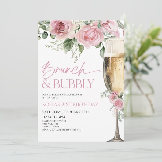 Roze Bloemen Brunch en Bubble Birthday Brunch Kaart (Staand voorkant)