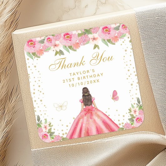 Roze Bloemen Brunette Haar Prinses Verjaardagsfees Vierkante Sticker