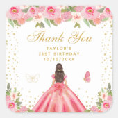 Roze Bloemen Brunette Haar Prinses Verjaardagsfees Vierkante Sticker (Voorkant)