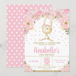 Roze Bloemen Bunny 1e Verjaardag Uitnodiging Meisj