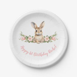 Roze Bloemen Bunny Meisje 1e Verjaardag Papieren Bordje