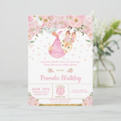 Roze Bloemen Bunny Stork Bundel Meisje Baby shower Kaart (Staand voorkant)