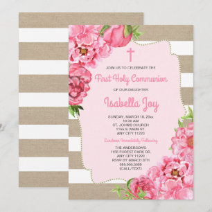 Roze Bloemen + canvas Eerste Communie uitnodiging