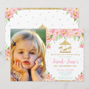 Roze Bloemen Carrousel 1e Verjaardag Meisje met Fo Kaart