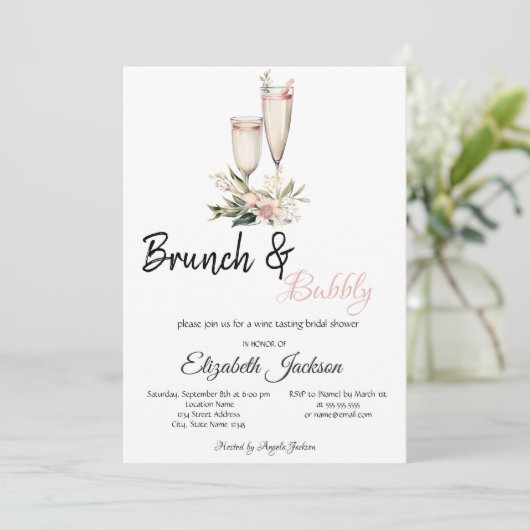 Roze Bloemen Champagne Glas Brunch & Bubbly Kaart (Staand voorkant)