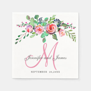 Roze Bloemen Chic Elegante Namen Monogram Huwelijk Servetten