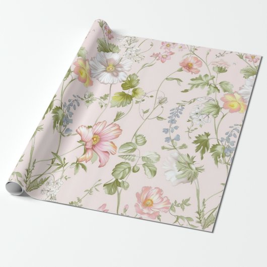 Roze Bloemen Chinoiserie Bruiloft Cadeaupapier (Uitgerold)